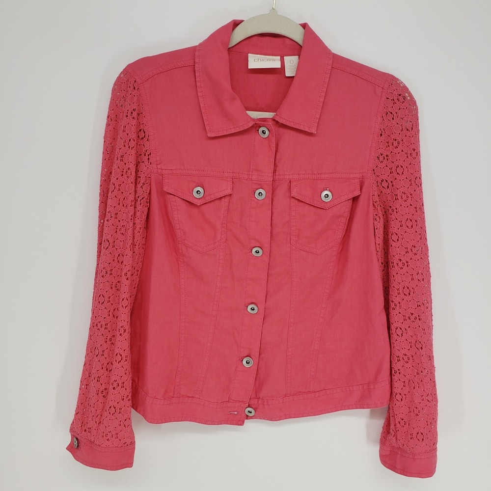 Chico's Crochet Lace Sleeve Linen Jacket Women Size 0 S‎ Coral Button Down Boho